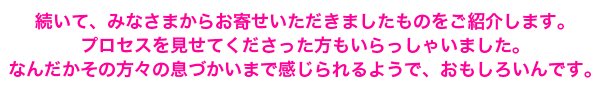 続いて、みなさまからお寄せいただきましたものをご紹介します。プロセスを見せてくださった方もいらっしゃいました。なんだかその方々の息づかいまで感じられるようで、おもしろいんです。